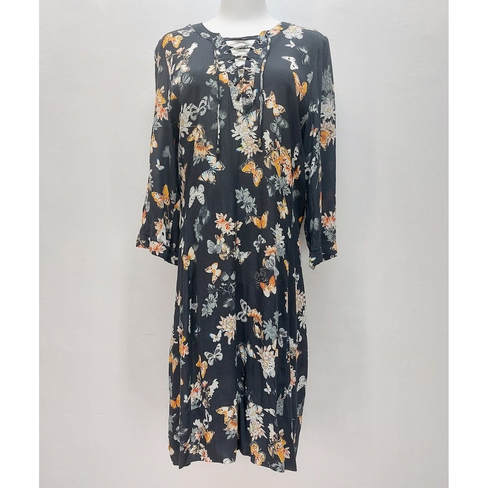 The Kooples Butterfly Floral Dress Women's 3 Black Lace Up Boho Midi Whimsigoth